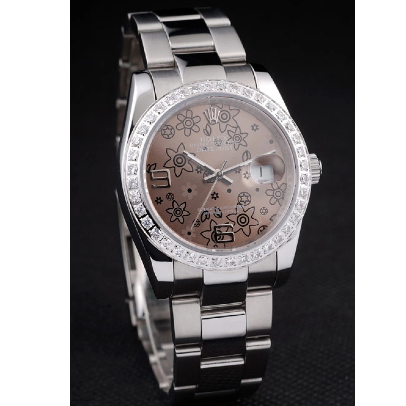 Aaa replica watch Stainless Datejust Diamond Dial Steel Polished Plated Flowers Brown Rolex 0521